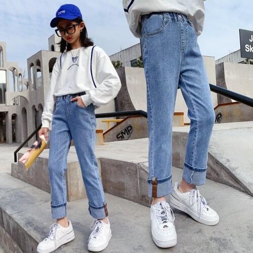 New Girls Jeans Straight Pants Cotton Stretch Denim Trousers Elastic waist Pencil pants 5 6 7 8 9 10 11 12 Years Childrens Wear