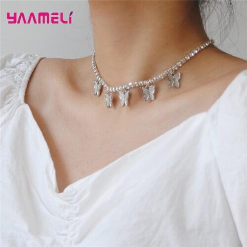 Charming Choker Necklace for Elegance Ladies Butterfly Pendants Rhinestone Chain 925 Sterling Silver Wedding Jewelry