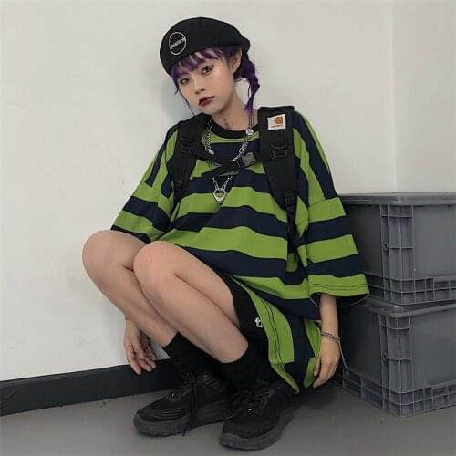 Green Refreshing Striped Summer Womens T-Shirt Oversized Hip-Hop Style High Street Fashion Round Neck Womens Summer Shirt