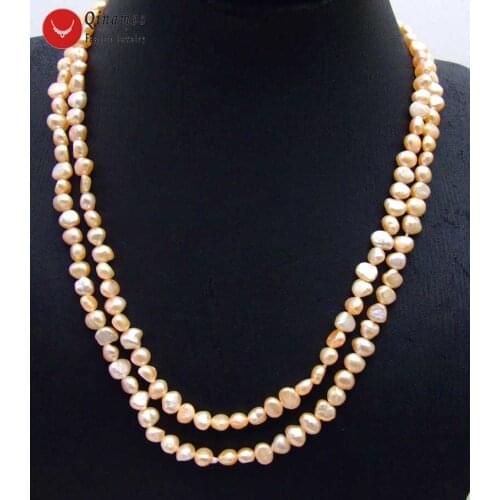 Qingos Trendy Natural Pearl Necklace for Women with 6-7mm Pink Baroque Freshwater Pearl 40" Long Necklace Fine Jewelry nec6107