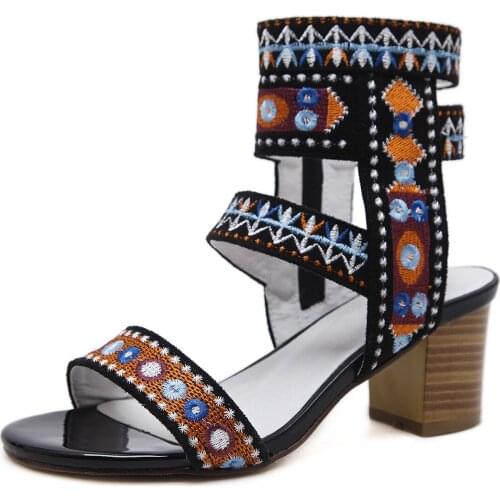 Sandals Women 2021 New Ethnic Style Summer Bohemian Sandals Roman Thick-heeled Embroidery High Heels Non-slip Wear-resistant