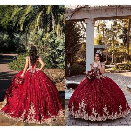 GY Dark Red Beaded Ball Gown Gold Beads Sweet 16 Dress Pageant Gowns Quinceanera Dresses vestido de 15 anos años quinceañera