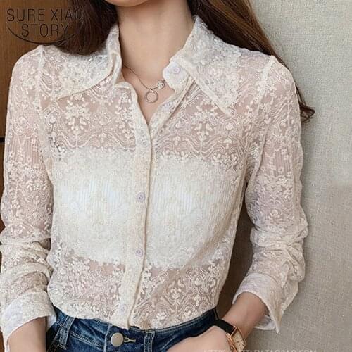 Korean Hollow Top Plus Size New Fashion Chic Floral Embroidery Long Sleeve White Blouse Women Spring Lace Bottoming Shirt 13125