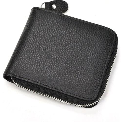 Women Male Female Short Pocket Wallet Black Soft Genuine Leather Short Wallet Zip Card Purse with Coin Photo Pocket Men