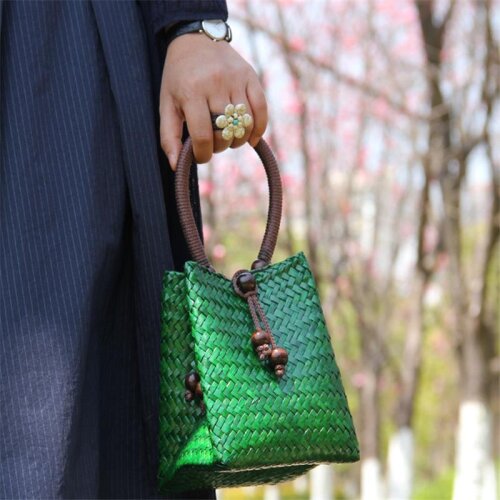 12x15CM Straw Bag Handbag Women Woven Vacation Bag Rattan Bag Pouch Bag Retro Bucket Thailand a6102