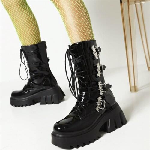 Brand Design Female Motorcycle Boots Square Heel Zip Black High Heel With Buckle Cool Street Platform Woman Shoes Mid-Calf Boots