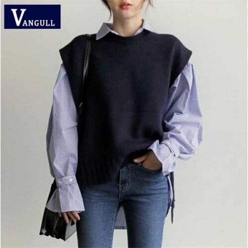 Vangull Side Slit Straps Women Sweater Vest 2020 Autumn Oversize Vintage V-Neck Sleeveless Pullover Knitted Casual Sweater Vest