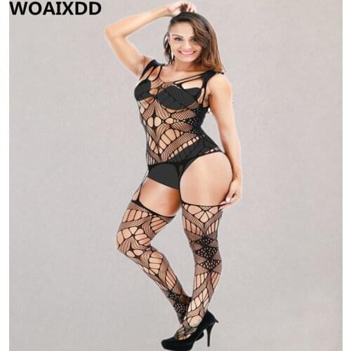Women Sexy lingerie Black Teddies Soft Net Large Mesh Erotic Apparel Bodystockings Porno Slim Open Crotch transparent Underwear