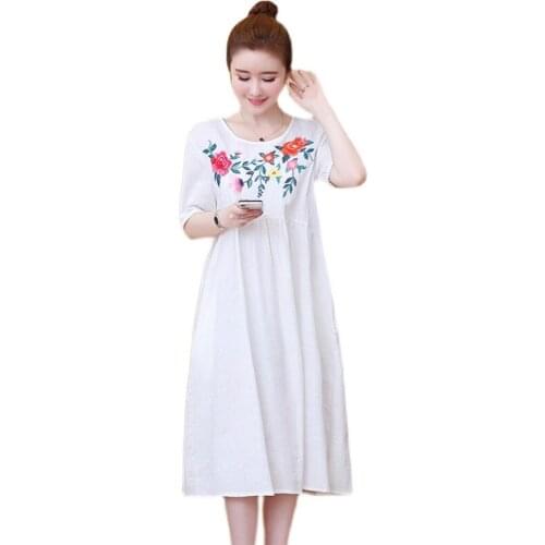 2021 Summer Women Plus Size Loose Short Sleeve Dress High Quality Flowers Embroidery Chinese Style Vintage Cotton Linen Dress
