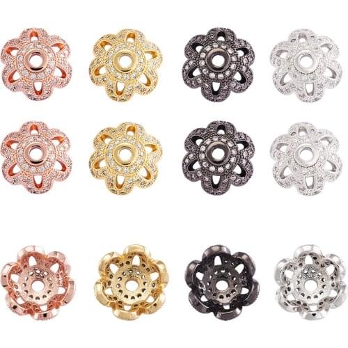 10pc 6-Petal Flower Brass Micro Pave CZ Rhinestone Bead Cap for DIY Jewelry 11x4mm Hole: 2mm