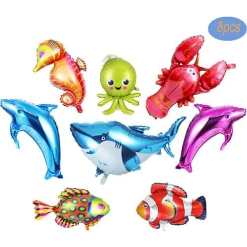 8 PCS Ocean Animals Foil Balloon Large Dolphin/Shark/Octopus/Lobster/Tropical Fish Balloons for Kids Birthday Party Decoration