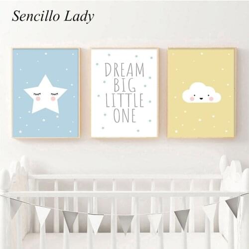 Dream Big Nursery Canvas Wall Art Painting Child Poster Print Stars Cloud Simplicity Picture Nordic Kid Boy Bedroom Decoration