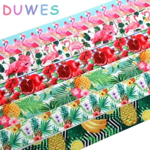 DUWES 50yards fruits flamingo pineapple printed grosgrain Ribbon Accessory hairbow headwear decoration Wholesale OEM DIY D902