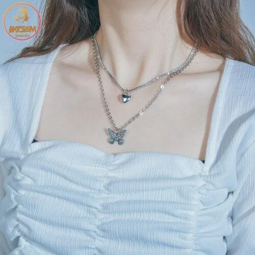 Akizoom Double Layer Stainless Steel Heart Butterfly Pendant Rhinestone Chain Necklace for Women Fashion Romantic Jewelry Gift