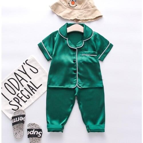 IENENS Kids Pajama Sets Silk Satin Pajamas Boys Girls Clothing Sets Pyjamas Short Sleeve Blouse Tops+Long Pants Sleepwears