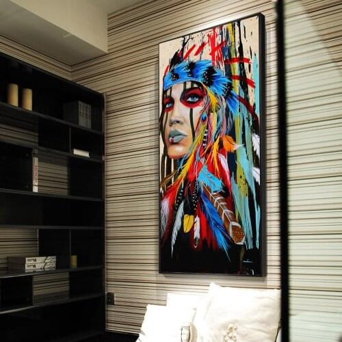 Feather Indian Woman Wall Art Canvas Print popular Graffiti Art Wall Painting Print Colorful Canvas Wall Picture Home Decoration