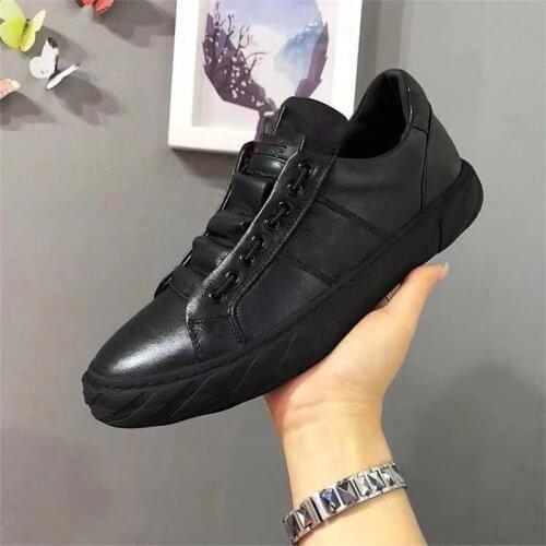 Mens Black Sneakers Genuine Cow Leather Breathable Height Increasing Shoes Men Lace Up Spring Autumn Sneaker Height Increasing