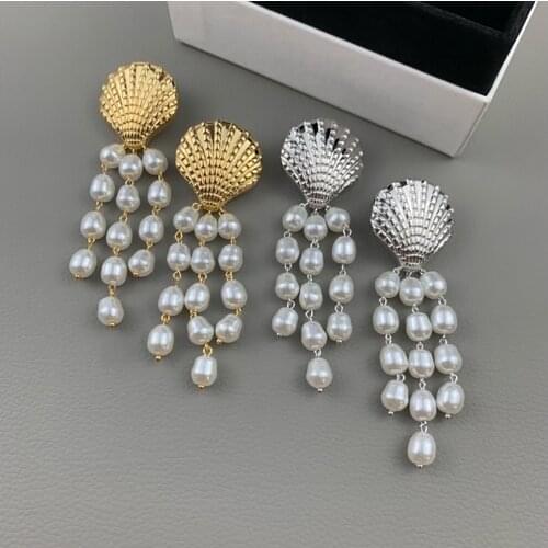 Hot Brand New Trendy Women Pearls Shell Drop Earrings Metal Elegant Wedding Jewelry Brincos Female Gold Color Eardrops Statement