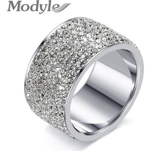 Modyle Fashion Full Crystal Big Wedding Rings For Women Romantic Stainless Steel Ring Bague Femme Gold-Color Ring Female