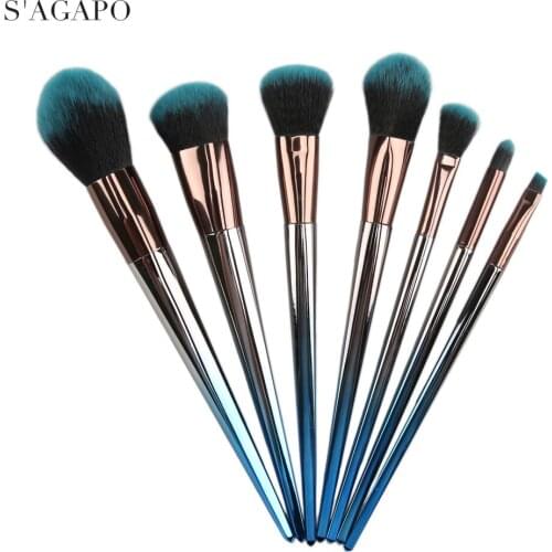 S'AGAPO 7PCS Gradient Blush Makeup Brushes Eyeshadow Foundation Concealer Loose Powder Professional Face Beauty Makeup Brush Set