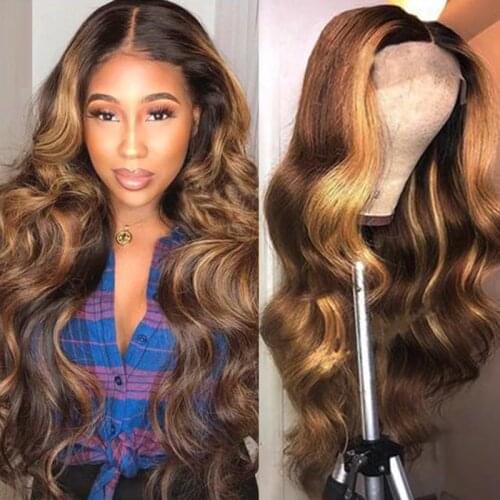 Highlight Body Wave Lace Front Human Hair Wigs 13x4 150% density Remy Pre Plucked No Glueless Honey Color Brazilian Lace Wigs