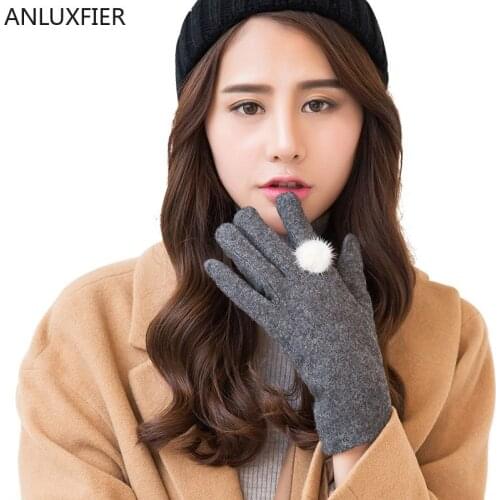 H10029 Gloves Women Winter Cashmere Warm Lovely Korean Mittens Female Rabbit Fur Ball Outdoor Driving Touch Screen Hand Muff