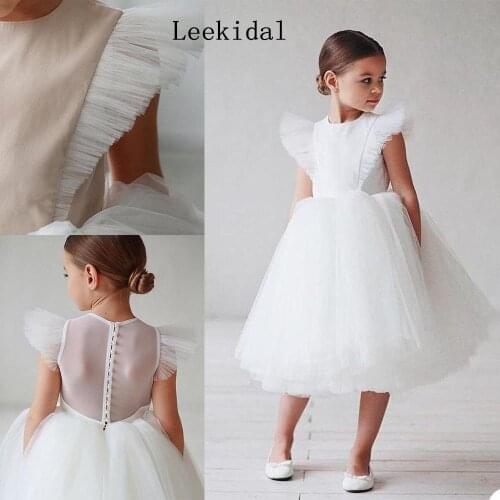 Flower Girls Dresses Tutu Dresses Lovely Jewel Neck Tulle Custom Made Flower Girls Pageant Dress Girls Tea Length Kids Wear