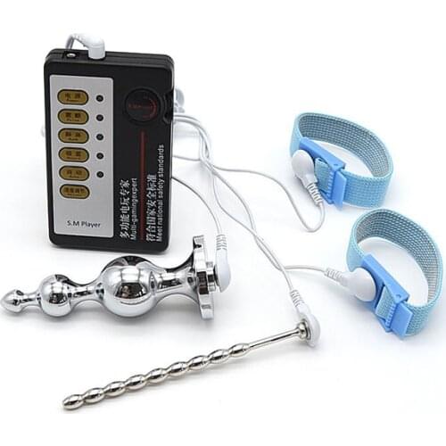 Electric Shock Pulse Metal Anal Bead Urethra Sounding Plug Penis Enlargement Massage Ring Male Electro Stimulation Sex Tool