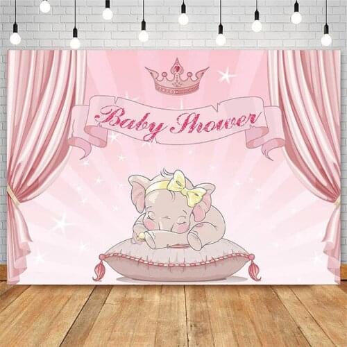 Pink Curtain Crown Cute Sleep Elephant Baby Shower Backdrop Girl Birthday Party Photography Background Prop