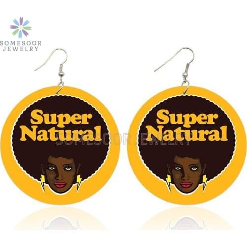 SOMESOOR Super Natural Hair Afro Locs Wooden Drop Earring Black Round Loops Both Sides Printed Wood Ear Dangle For Women Gifts