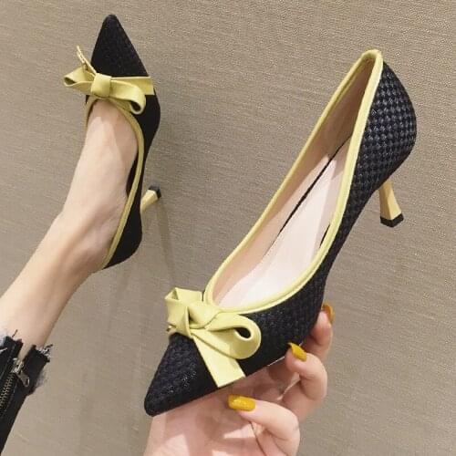 Blue high-heeled womens stiletto with 2020 new autumn versatile bow braid light mouth pointed single shoes butterfly shoes