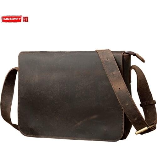 Mens Shoulder Bag Retro Genuine Leather Computer Bag Cross Section Laptop Briefcase Messenger Bags Handmade Crazy Horse Leather