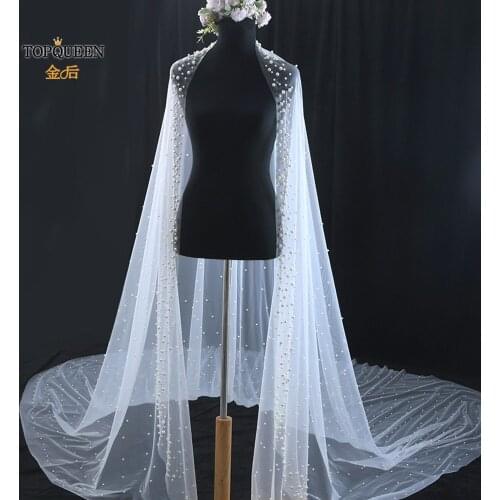 TOPQUEEN V66 Luxury Bridal Veil with Pearls Cathedral Veil Bride 3 Meters Spanish Mantilla Churchs Veil Ivory Wedding Long Veil