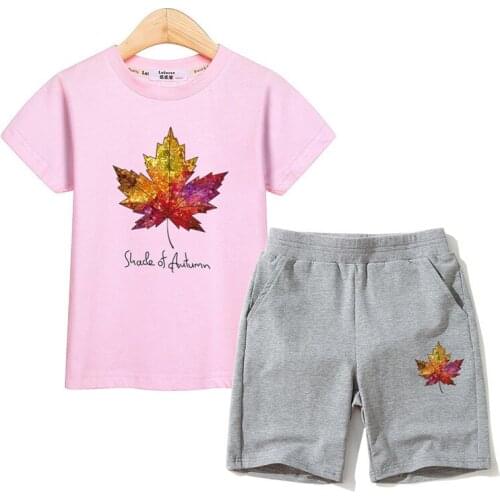 Maple Leaf Design Children Outfits Short Sleeve Tops Pants 2pc Sets Boys Summer Costumes Printed T-shirt Fashion Kids Clothing