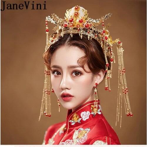JaneVini Oriental Chinese Wedding Bridal Hairband Vintage Red Hair Accessories Jewelry Gold Long Tassel Pageant Crowns Tiaras