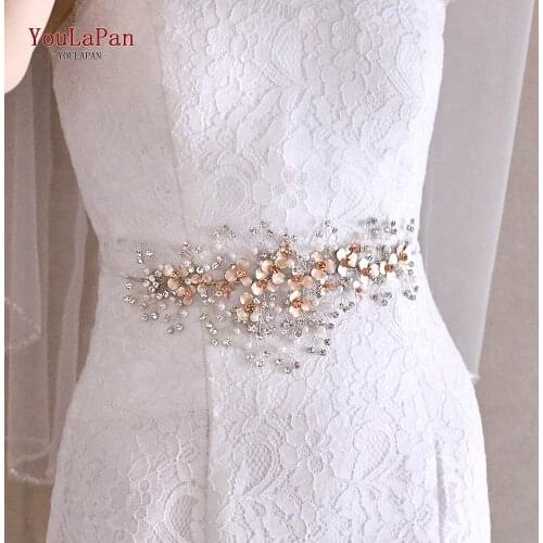 YouLaPan SH306 Rose Gold Bridal Sash Belt Black Rhinestone Belt Flower Bridesmaid Belts for Dresses Crystal Beaded Wedding Belt