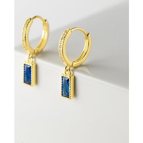 100% 925 Sterling Silver Blue Colour Zircon Cube Square Hoop Earrings Elegant Women Earrings Accessory Girl Fine Gift