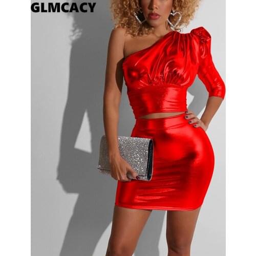 Women Two Piece Set One Shoulder Puff Sleeve and Mini Skirt Set Solid Sexy Party Club Outfits Crop Tops Skirt Tracksuits