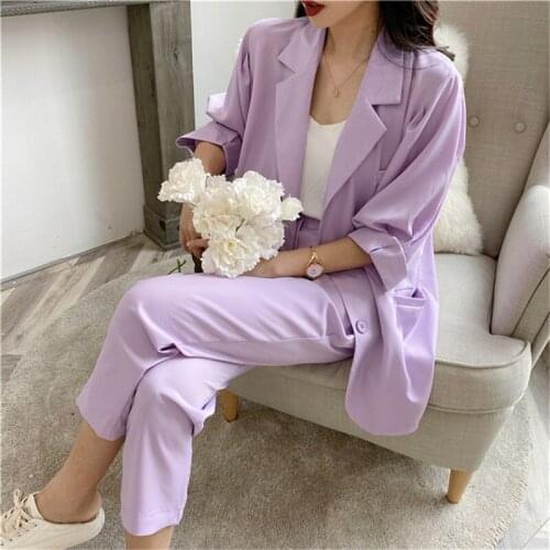 Mazefeng 2020 New Summer Women Sets 2 Piece Matching Pants 3 Colors Casual High Elastic Waist Half Lantern Sleeve Suit Size S M