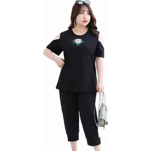 Plus size 4XL-8XL Summer Two pieces Sets Women Short sleeve Cotton Short sleeve T-shirt Tops Elastic waist Casual Pants Suits