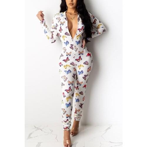 FUFUCAILLM Women Slim Print Jumpsuit, Long Sleeve V-neck Romper Casual Style Autumn Women Sleep Clothes Lounge