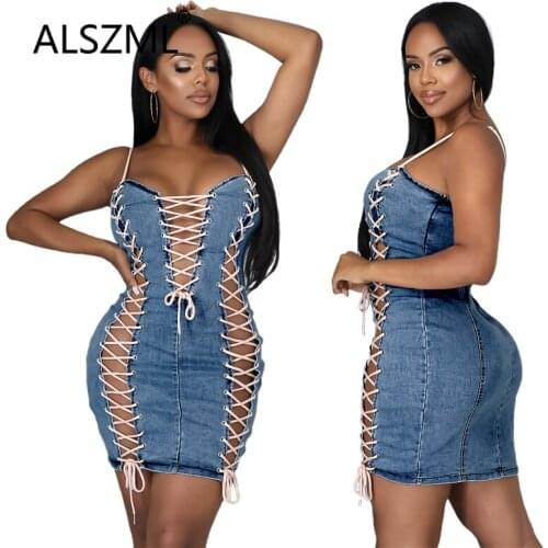 Blue tube top denim strap womens autumn sexy nightclub personality polyester stitching dress