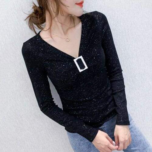 #8542 Spring Autumn Wrap T Shirt Women Long Sleeve Soft Cotton Sexy Basic T-shirt Female Skinny V Neck Women T-shirt Thin Slim