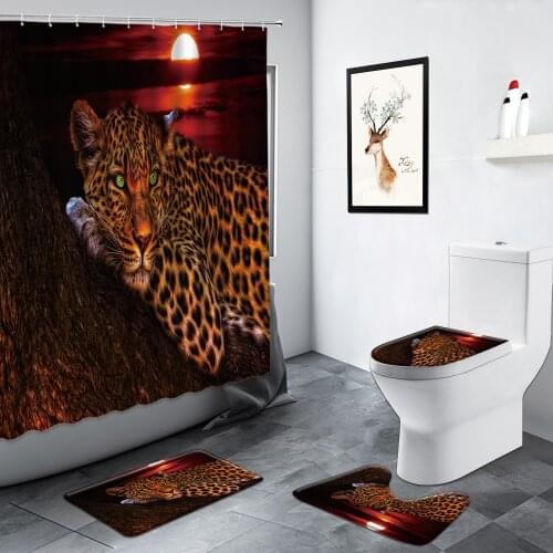 African Leopard Shower Curtains Tiger Lion Wolf Wild Animals Pattern Bath Mats Non-slip Carpet Toilet Cover Bathroom Decor Sets
