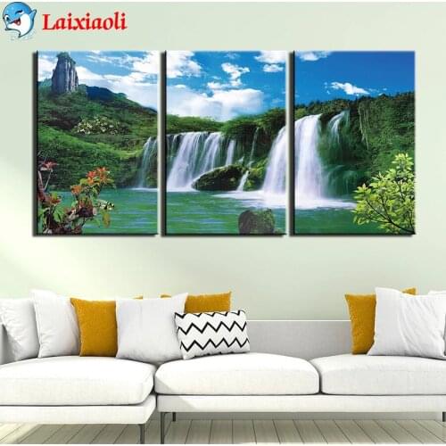 Diamond Embroidery Natural scenery, blue sky mountains, waterfall Full Square round Diamond Painting Cross Stitch Wall Decor3pcs