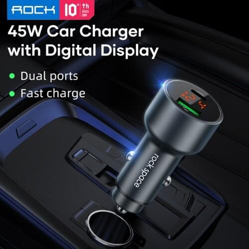 For iPhone 12 Pro ROCK 45W Car Charger With Digital Display Type C PD 20W Fast Charging Phone Charger for Mi 11 LED Display