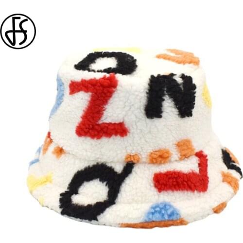 FS Autumn Winter Lambswool Bucket Hats For Men Women Fashion Letter Plush Warm Fisherman Hat Windproof Streetwear Hip Hop Caps