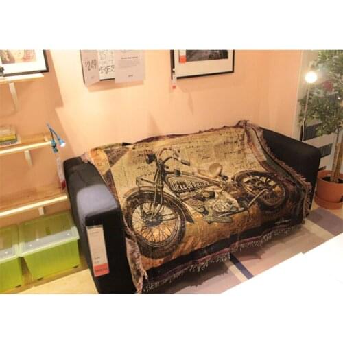 Retro Home Bar Decorative Throw Art Motorcycle Hanging Tapestry Thicken Knitted Sofa Throw Blanket with Tassel Dust-proof