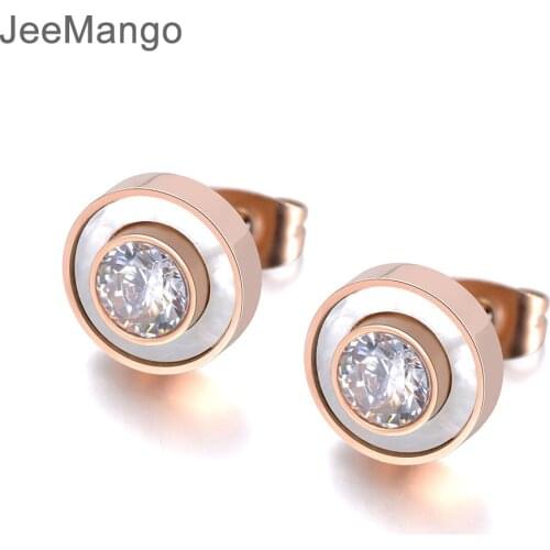 JeeMango Trendy Stainless Steel White Shell Stud Earrings Jewelry For Women Rose Gold CZ Crystal Anniversary Earrings JE19029