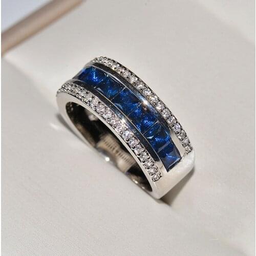 Authentic with Stamp Silver Color Finger Rings with Round Blue Square Cubic Zirconia Crystal Wide Ring for Women Wedding Jewelry